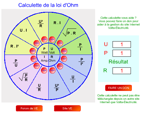 Calculette cercle de la loi d'Ohm